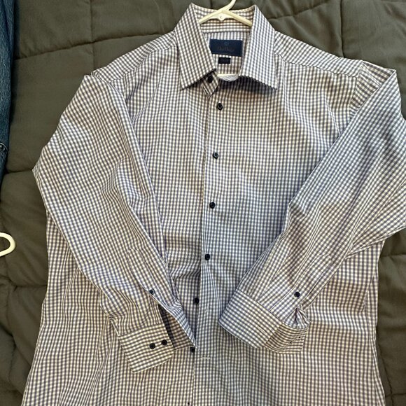 David‎ Donahue Dress Shirt Mens Blue White Checkered Button Up Shirt 17.5 32/33 - Picture 1 of 8